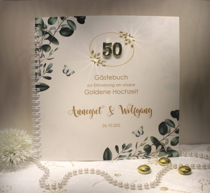 Gästebuch zur Goldenen Hochzeit, Eukalyptus, personalisiert Design 12815