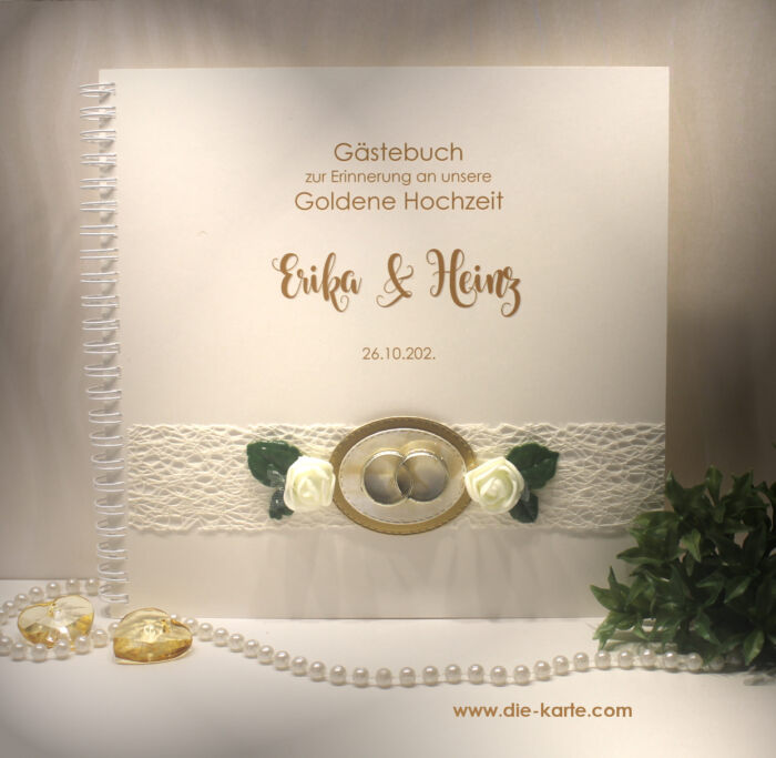 Gästebuch zur Goldenen Hochzeit, mit Blüten und Ringen, personalisiert Design 12817