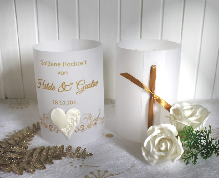 Lichthülle, Windlicht Pergament zur Goldenen Hochzeit, zum kleinen Preis!! Design 952 Satinherz mit Blätterprägung