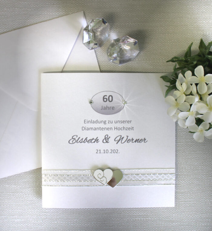 Einladung zur Diamantenen Hochzeit "Herz" aus edlem perlmut Karton incl. Personalisierung, Einlegeblatt & Umschlag Design 12822