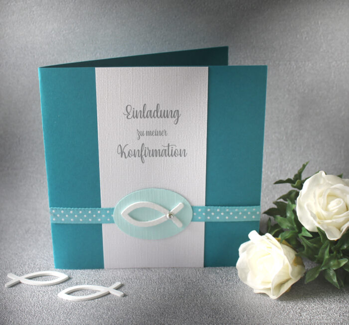 Bastelset DIY Einladung zur Konfirmation, Kommunion, Firmung oder Taufe "türkis" incl. Umschlag & Einlegeblatt Design K11