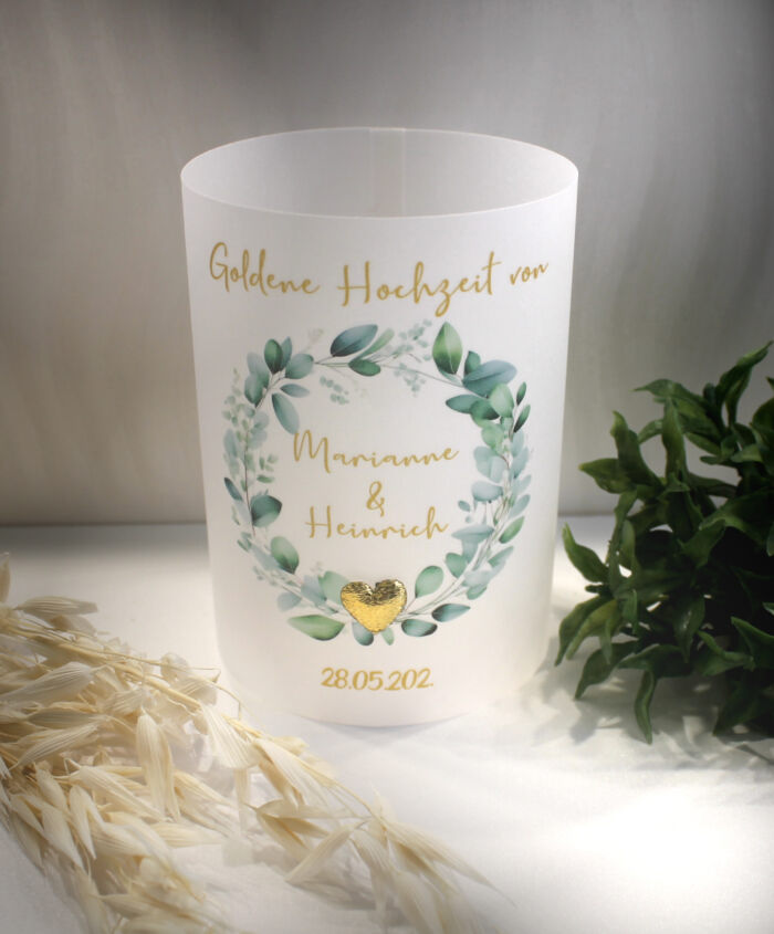 Lichthülle, Windlicht Pergament zur Goldenen Hochzeit "Eukalyptus mit Herz" Design 7119