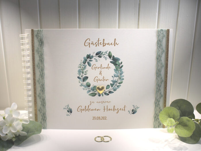 Gästebuch zur Goldenen Hochzeit "Eukalyptuskranz" mit echter Spitze Design 7119