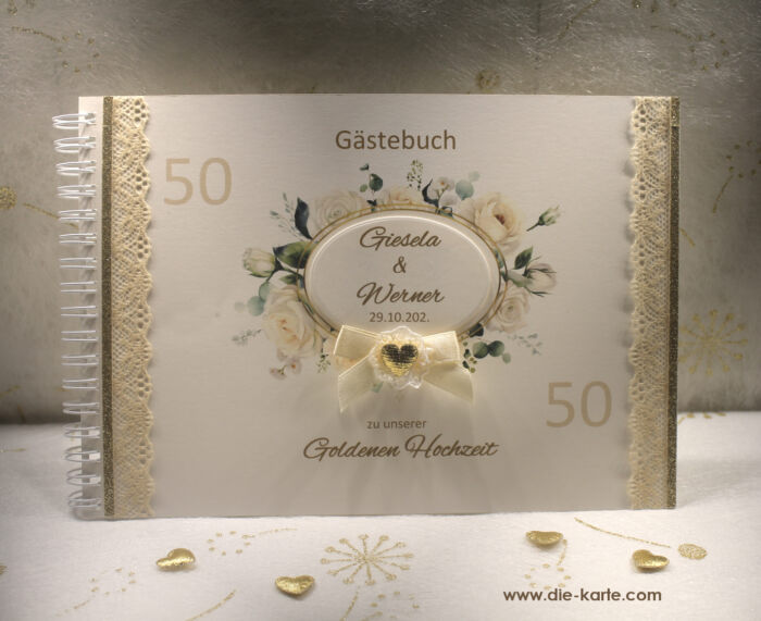 Gästebuch zur Goldenen Hochzeit "Rosentraum" mit echter Spitze Design 12814