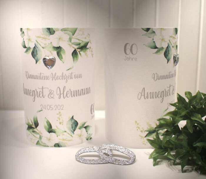 Lichthülle, Windlicht Pergament zur diamantenen Hochzeit "Blüten weiss" mit Strassherz Design DI01 WL