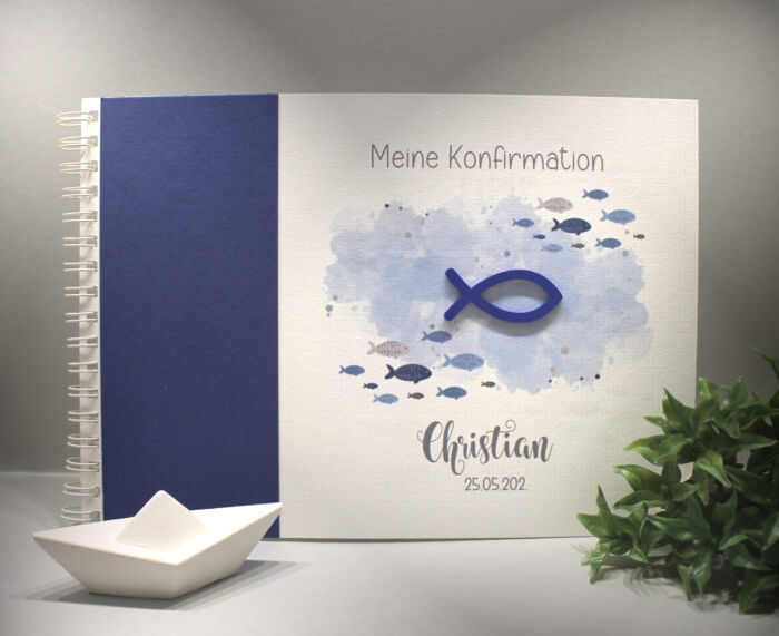 Gästebuch "Fisch blau" zur Konfirmation, Kommunion, Firmung oder Taufe zum kleinen Preis! Design K30 GÄ