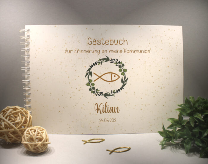 Gästebuch "Blätterkranz mit Fisch" zur Konfirmation, Kommunion, Firmung oder Taufe zum kleinen Preis! Design K37 GÄ