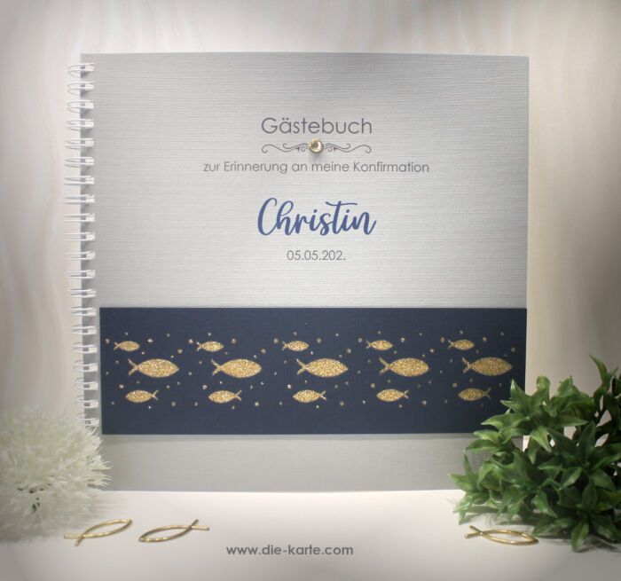 Gästebuch "Fisch gold" zur Konfirmation, Kommunion, Firmung oder Taufe Design 5010