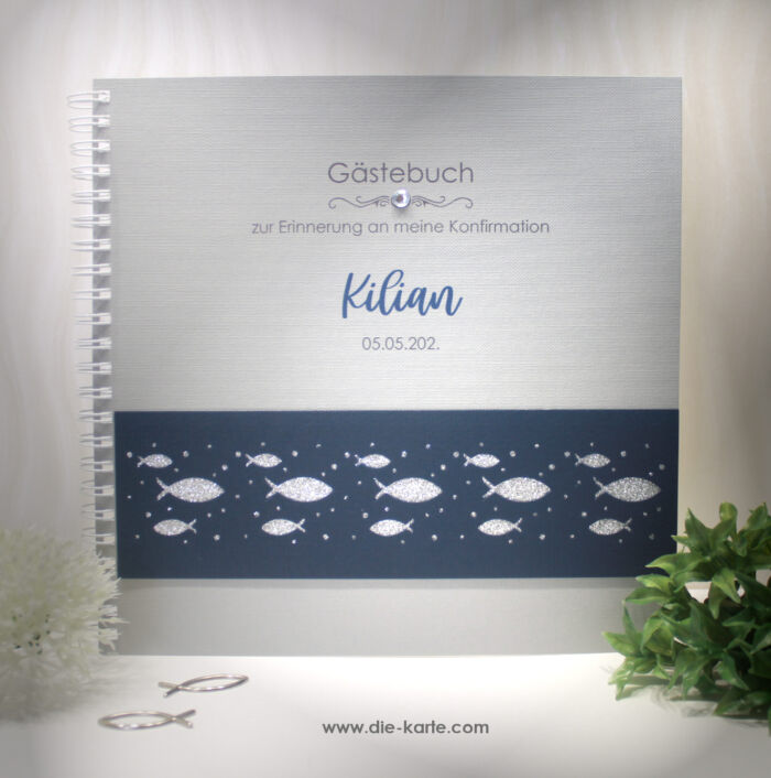 Gästebuch "Fisch silber" zur Konfirmation, Kommunion, Firmung oder Taufe Design 5010