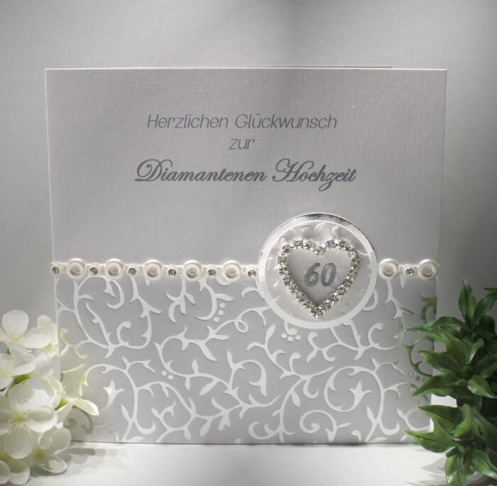 Glückwunschkarte zur Diamant Hochzeit "Strassherz" äußerst edle Materialien mit Geldgeschenke Umschlag Design 105