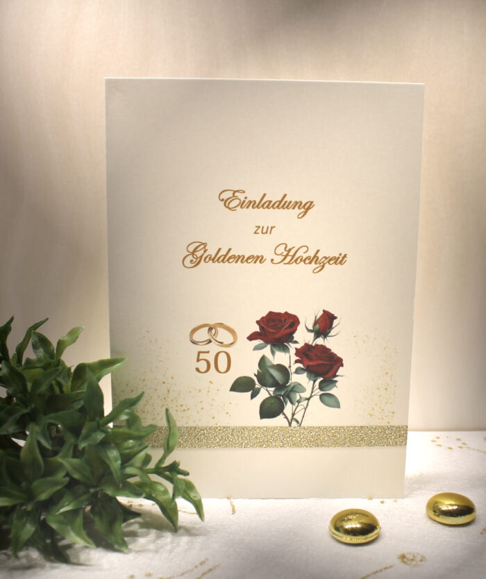 Einladungskarten 10 Stück "Rose bordeauxrot" für Ihre Goldene Hochzeit incl. Umschlag & Einlegeblatt zum kleinen Preis Design GO 07