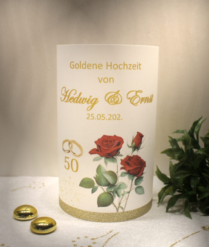 Lichthülle, Windlicht Pergament zur goldenen Hochzeit "Rose bordeauxrot" Design GO07 WL