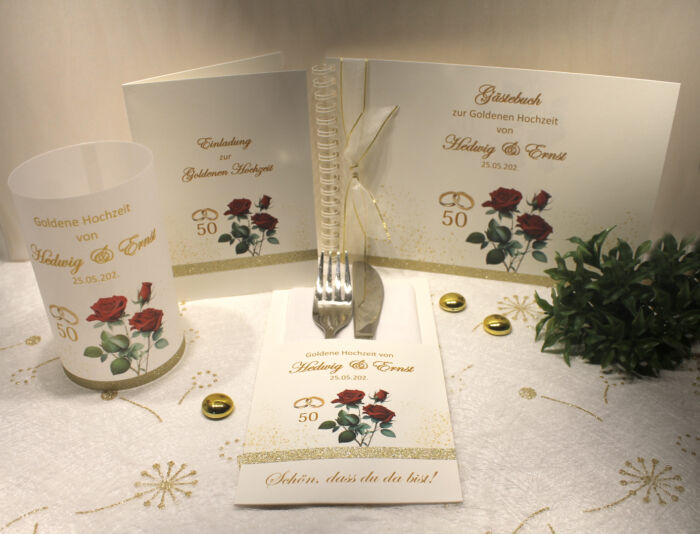 Einladungskarten 10 Stück "Rose bordeauxrot" für Ihre Goldene Hochzeit incl. Umschlag & Einlegeblatt zum kleinen Preis Design GO 07 – Bild 2