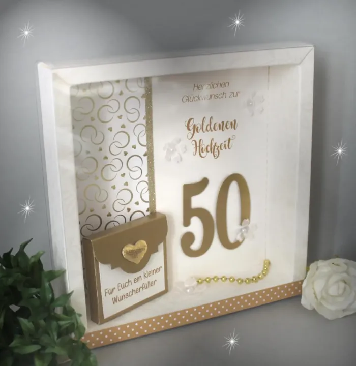 Geschenkschachtel als Rahmen zur Goldenen Hochzeit "goldene 50" mit transparentem Schiebedeckel, hochwertige Qualität, Design 8023 – Bild 2