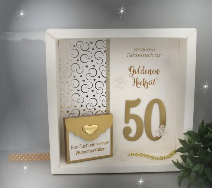 Geschenkschachtel als Rahmen zur Goldenen Hochzeit "goldene 50" mit transparentem Schiebedeckel, hochwertige Qualität, Design 8023 – Bild 3