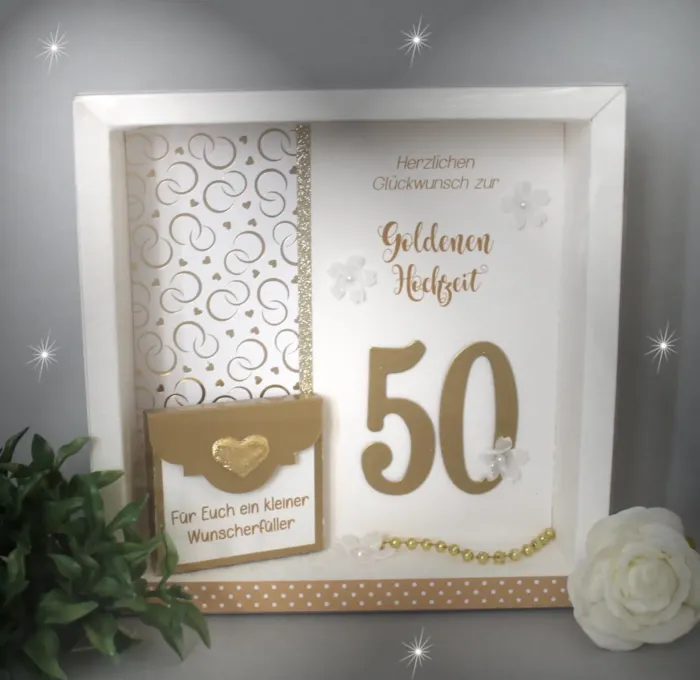 Geschenkschachtel als Rahmen zur Goldenen Hochzeit "goldene 50" mit transparentem Schiebedeckel, hochwertige Qualität, Design 8023