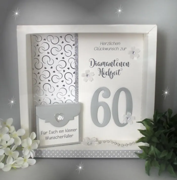 Geschenkschachtel als Rahmen zur Diamant Hochzeit "silberne 60" mit transparentem Schiebedeckel, hochwertige Qualität, Design 8024