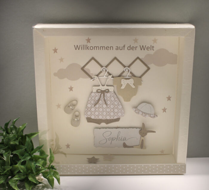 Geschenkschachtel als Rahmen zur "Geburt" Mädchen mit transparentem Schiebedeckel, personalisiert, Design 8027