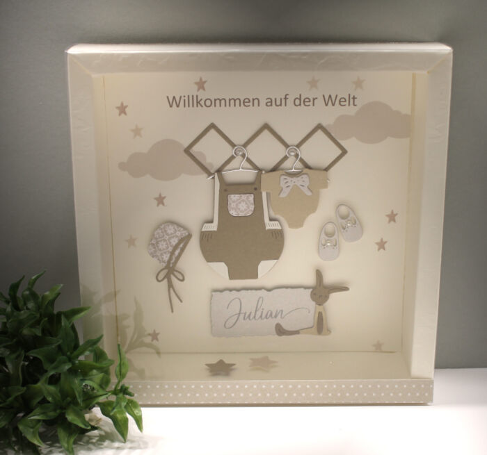 Geschenkschachtel als Rahmen zur "Geburt" Junge mit transparentem Schiebedeckel, personalisiert, Design 8028