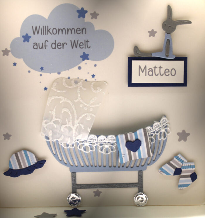 Geschenkschachtel als Rahmen zur "Geburt" Babywiege blau mit transparentem Schiebedeckel, personalisiert, Design 8030 – Bild 3