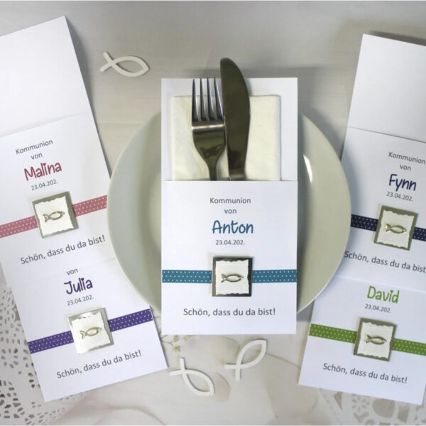 Bestecktasche zur Konfirmation - Kommunion "Punkte" personalisiert, Design 304  in rosa-blau-türkis-lila oder grün