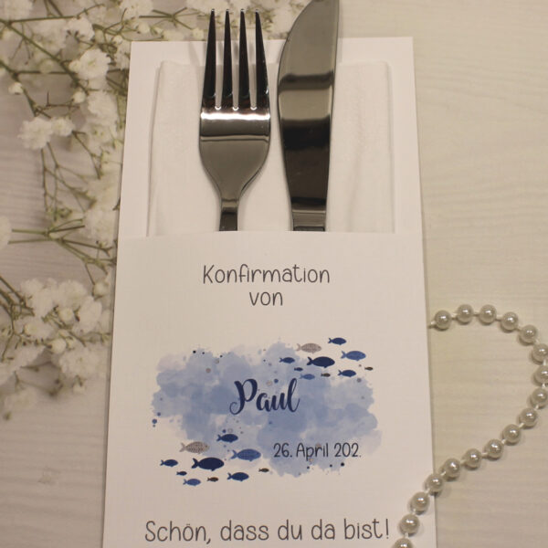 Bestecktasche "Fisch blau" zur Konfirmation, Kommunion oder Taufe, Design K30