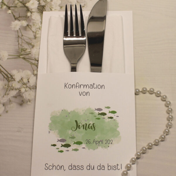 Bestecktasche "Fisch grün" zur Konfirmation, Kommunion oder Taufe, Design K30