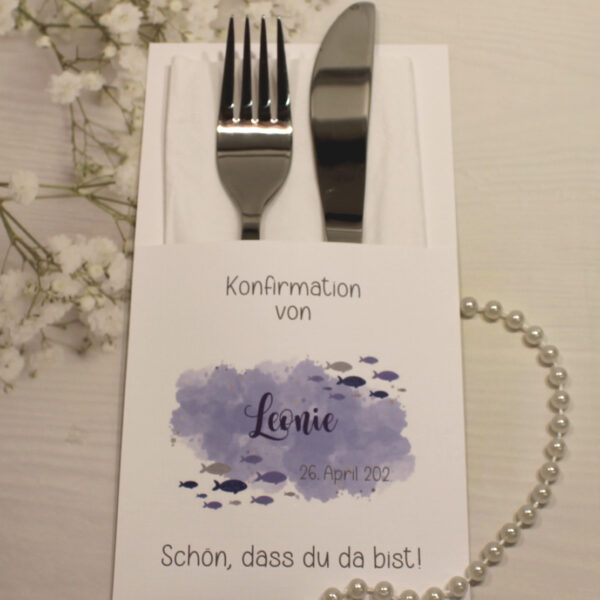 Bestecktasche "Fisch lila" zur Konfirmation, Kommunion oder Taufe, Design K30