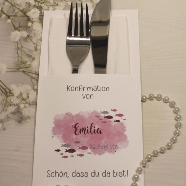 Bestecktasche "Fisch rosa" zur Konfirmation, Kommunion oder Taufe, Design K30