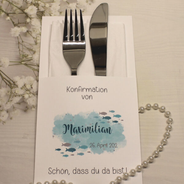 Bestecktasche "Fisch türkis" zur Konfirmation, Kommunion oder Taufe, Design K30