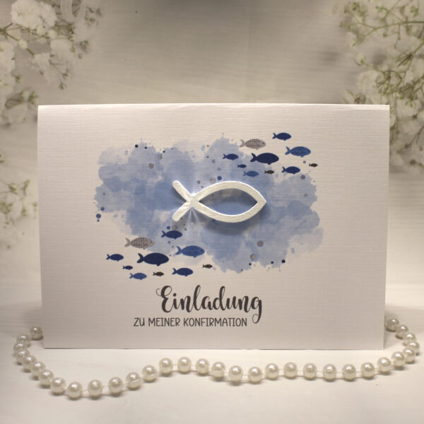 Einladungskarte "Fisch blau" zur Konfirmation-Kommunion-Firmung-Taufe incl. Umschlag Design K30