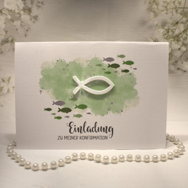 Einladungskarte "Fisch grün" zur Konfirmation-Kommunion-Firmung-Taufe incl. Umschlag Design K30