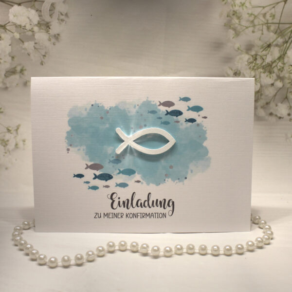 Einladungskarte "Fisch türkis" zur Konfirmation-Kommunion-Firmung-Taufe incl. Umschlag Design K30