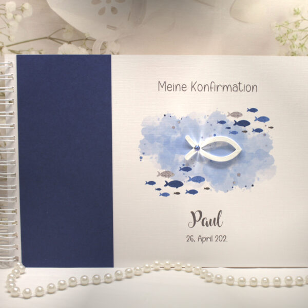 Gästebuch "Fisch blau" zur Konfirmation, Kommunion, Firmung oder Taufe zum kleinen Preis! Design K30 GÄ