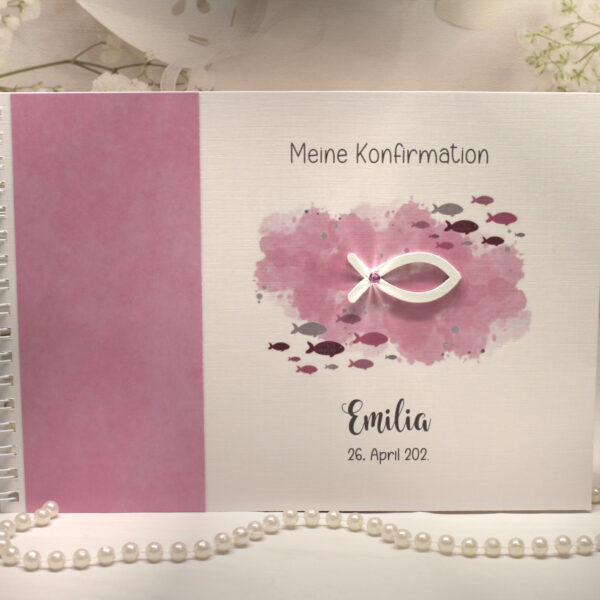 Gästebuch "Fisch rosa" zur Konfirmation, Kommunion, Firmung oder Taufe zum kleinen Preis! Design K30 GÄ