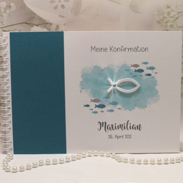 Gästebuch "Fisch türkis" zur Konfirmation, Kommunion, Firmung oder Taufe zum kleinen Preis! Design K30 GÄ