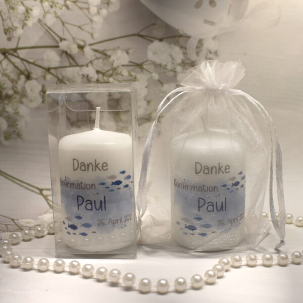 Gastgeschenk Kerze "Fisch blau" wahlweise im Organzasäckchen oder in der Geschenkschachtel Design K30