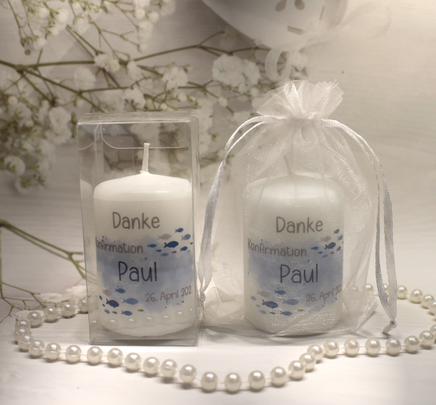 Gastgeschenk Kerze "Fisch blau" wahlweise im Organzasäckchen oder in der Geschenkschachtel Design K30