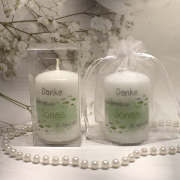 Gastgeschenk Kerze "Fisch grün" wahlweise im Organzasäckchen oder in der Geschenkschachtel Design K30