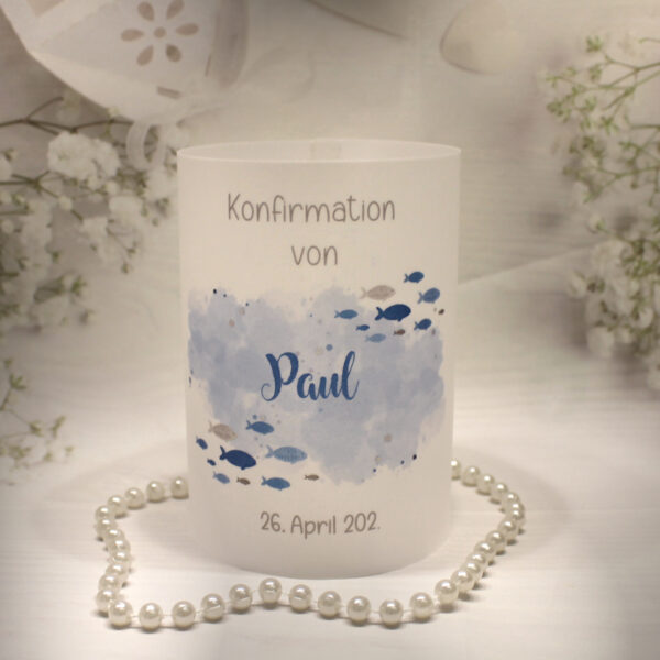 Lichthülle, Windlicht Pergament zur Konfirmation, Kommunion, Firmung oder Taufe "Fisch blau" Design K30
