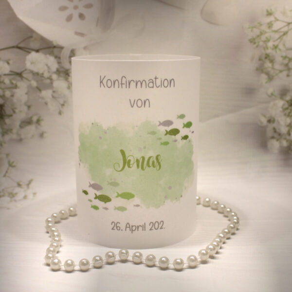 Lichthülle, Windlicht Pergament zur Konfirmation, Kommunion, Firmung oder Taufe "Fisch grün" Design K30