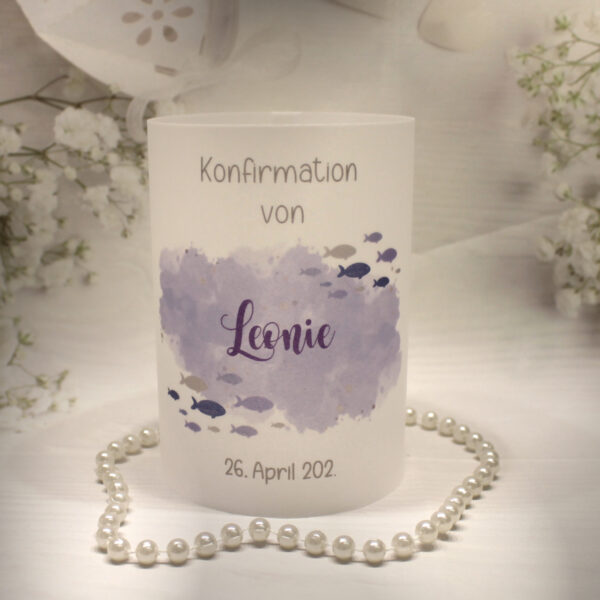 Lichthülle, Windlicht Pergament zur Konfirmation, Kommunion, Firmung oder Taufe "Fisch lila" Design K30