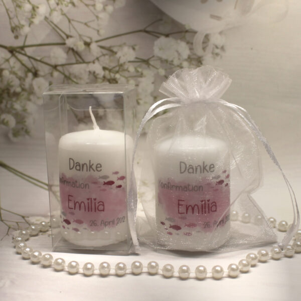 Gastgeschenk Kerze "Fisch rosa" wahlweise im Organzasäckchen oder in der Geschenkschachtel Design K30