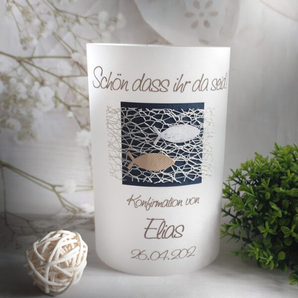 Lichthülle, Windlicht Pergament zur Konfirmation, Kommunion, Firmung oder Taufe passend zur Einladung Design K02WL