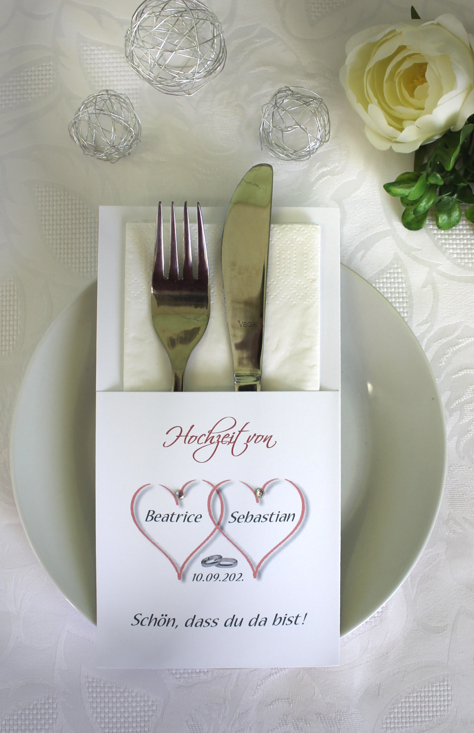 Bestecktasche zur Hochzeit "2 Herzen" personalisiert, Design 10001 wahlweise in 5 Farben: türkis-altrosa-grün-lila-bordeauxrot – Bild 7