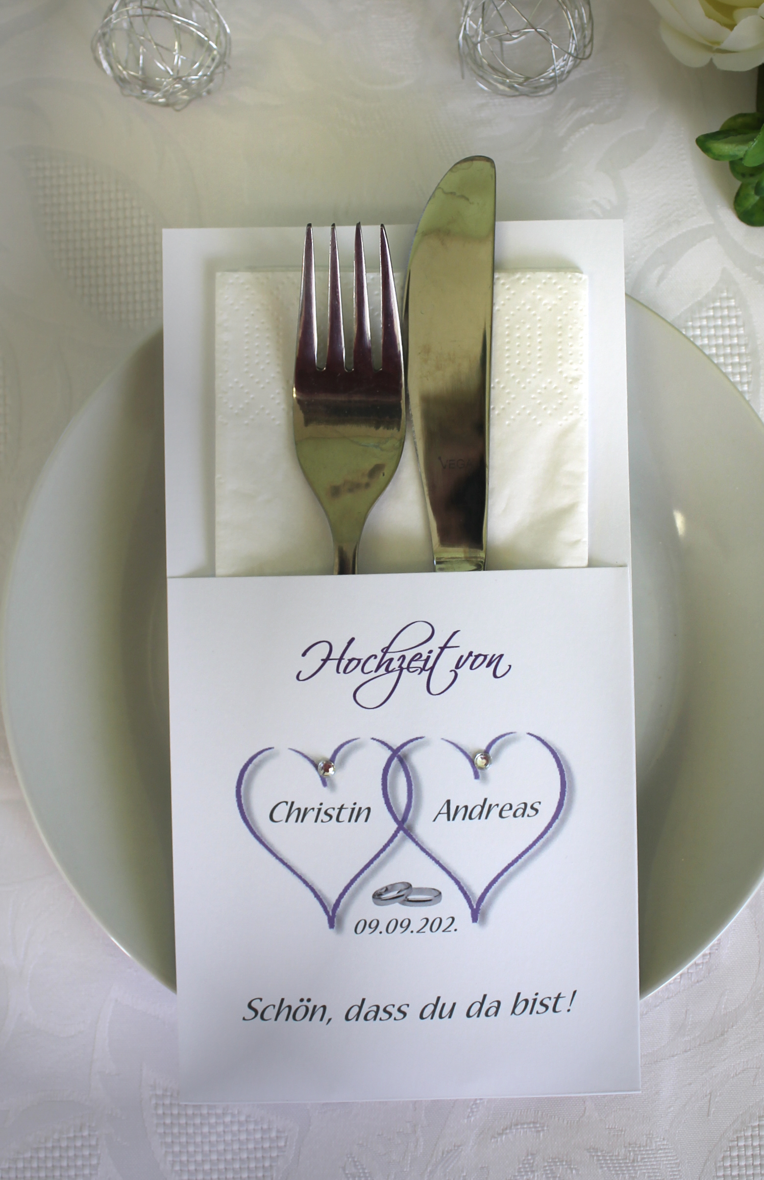 Bestecktasche zur Hochzeit "2 Herzen" personalisiert, Design 10001 wahlweise in 5 Farben: türkis-altrosa-grün-lila-bordeauxrot – Bild 5