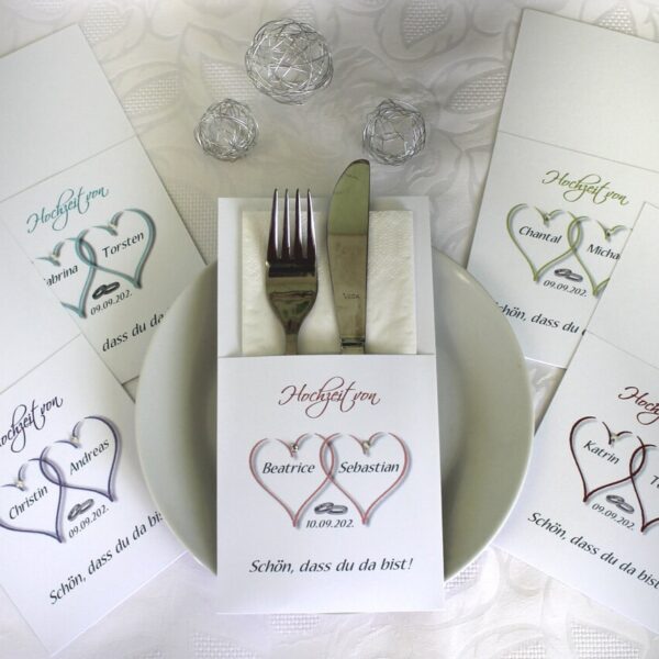 Bestecktasche zur Hochzeit "2 Herzen" personalisiert, Design 10001 wahlweise in 5 Farben: türkis-altrosa-grün-lila-bordeauxrot