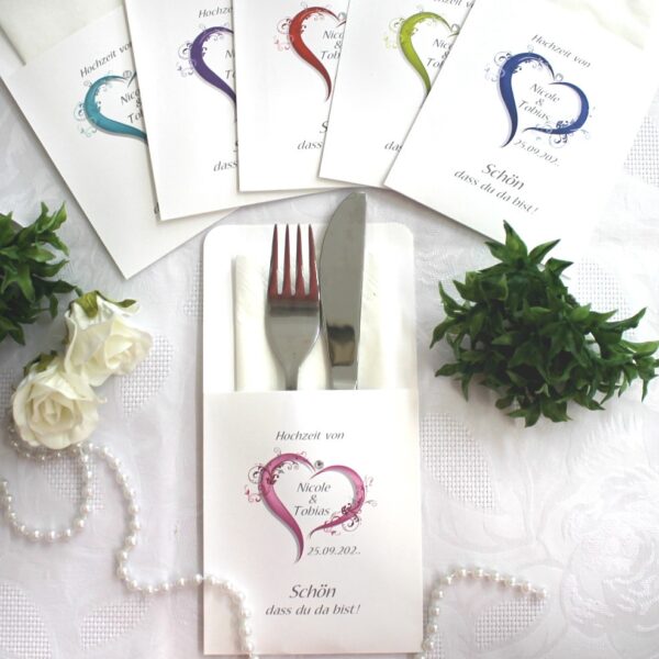 Bestecktasche zur Hochzeit, "Herz" Design 10008 wahlweise in: rosa-blau-grün-bordeauxrot-lila-türkis