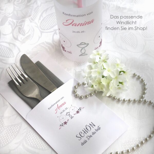 Bestecktasche zur Konfirmation - Kommunion, Firmung oder Taufe "Kelch" in 5 Farben, personalisiert, Design 101 in grün-türkis-rosa-bordeauxrot oder lila