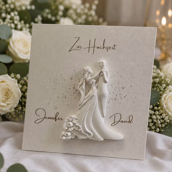 Glückwunschkarte zur Hochzeit SEHR EDEL "mit Keramikbrautpaar" Design 116 NICHT für den Postversand geeignet!!